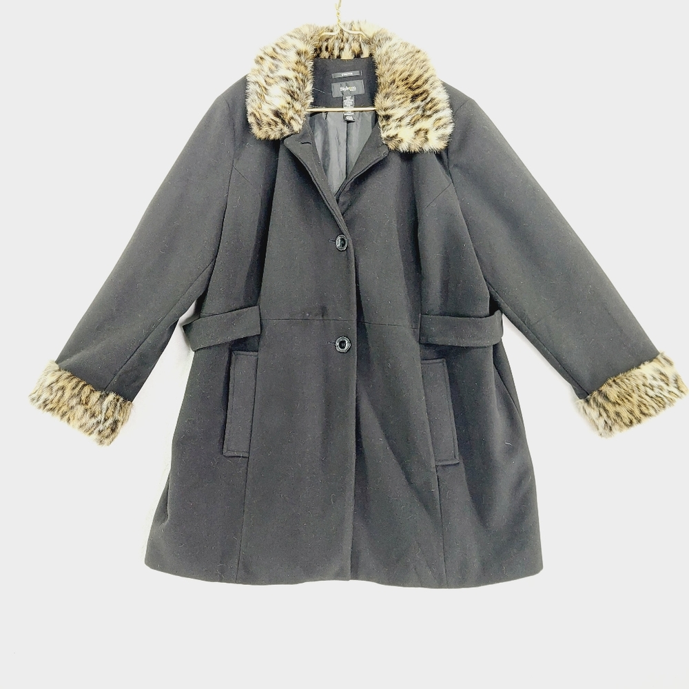 Style & Co Stretch Black Button Leopard Print Fur Trim Cuffs Collar Coat Z33